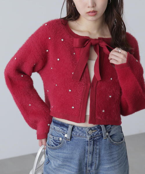 FREE'S MART（フリーズマート）の「◆ラインストーンクロップドニットカーディガン（ニット/セーター・レディース・レッド/グレー/ブラック・FREE）」の3枚目の写真