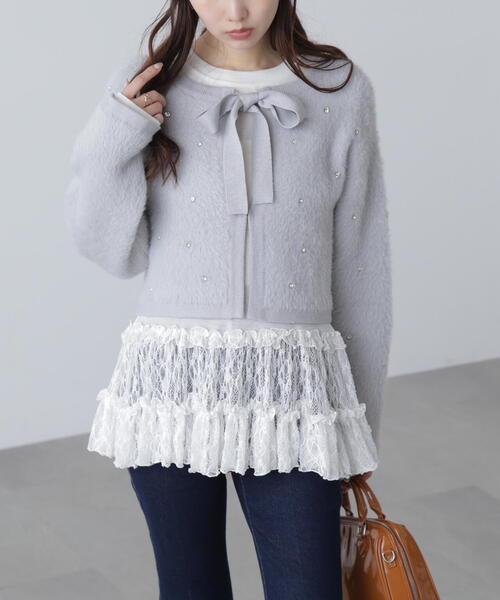 FREE'S MART（フリーズマート）の「◆ラインストーンクロップドニットカーディガン（ニット/セーター・レディース・レッド/グレー/ブラック・FREE）」の14枚目の写真