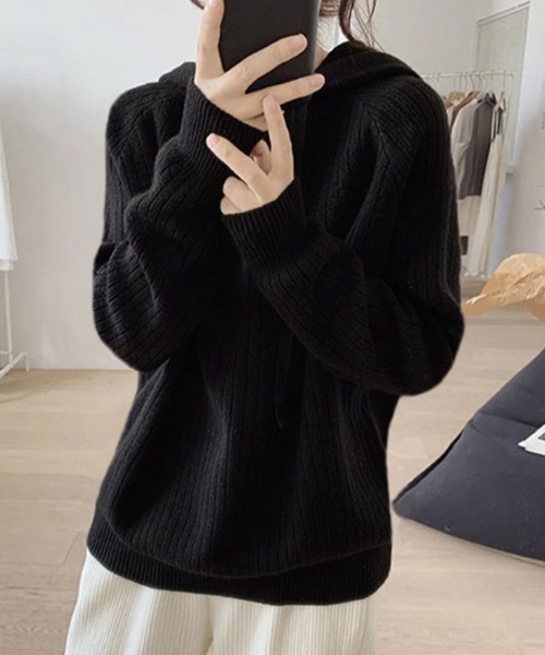 SallyLunn(サリーラン)の「フード付きリブニットプルオーバー(ニット/セーター・レディース・ネイビー/ブラウン/ホワイト/ブラック/グレー・FREE)」の10枚目の写真