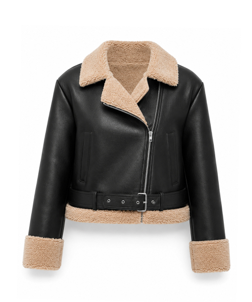 KOLEAT（コレット）の「[ベルト脱着] WOMENクロップオーバーフィット マスタングフリースジャケット Black_Beige [ライダーver.]（ムートンコート・レディース・ブラック×ベージュ・FREE）」の12枚目の写真