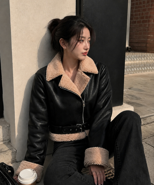 KOLEAT（コレット）の「[ベルト脱着] WOMENクロップオーバーフィット マスタングフリースジャケット Black_Beige [ライダーver.]（ムートンコート・レディース・ブラック×ベージュ・FREE）」の15枚目の写真
