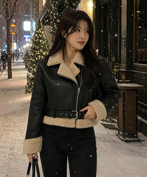 KOLEAT（コレット）の「[ベルト脱着] WOMENクロップオーバーフィット マスタングフリースジャケット Black_Beige [ライダーver.]（ムートンコート・レディース・ブラック×ベージュ・FREE）」の21枚目の写真