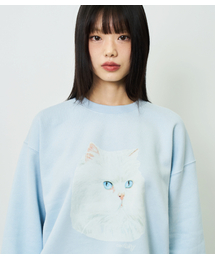キャットプリントスウェットシャツ(スカイブルー/裏起毛)