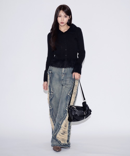 tinkerend(ティンカーエンド)の「Shaggy Polo Collar Knit Cardigan / シャギーポロカラーニットカーディガン(ニット/セーター・レディース・グレー/ブラック・FREE)」の21枚目の写真