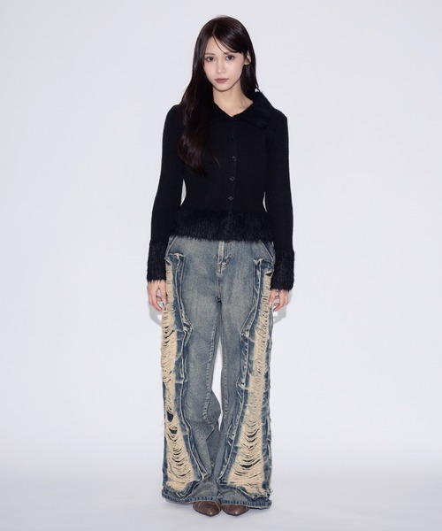 tinkerend(ティンカーエンド)の「Shaggy Polo Collar Knit Cardigan / シャギーポロカラーニットカーディガン(ニット/セーター・レディース・グレー/ブラック・FREE)」の22枚目の写真