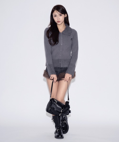 tinkerend(ティンカーエンド)の「Shaggy Polo Collar Knit Cardigan / シャギーポロカラーニットカーディガン(ニット/セーター・レディース・グレー/ブラック・FREE)」の11枚目の写真