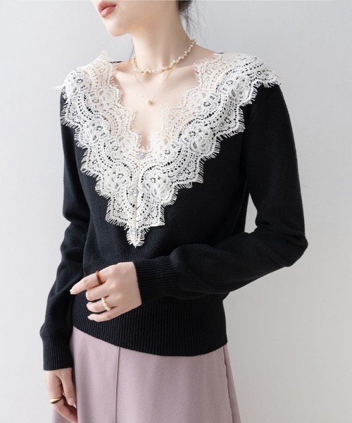 セール】レース付きVネックニット（ニット/セーター）｜ReRe（リリ）の