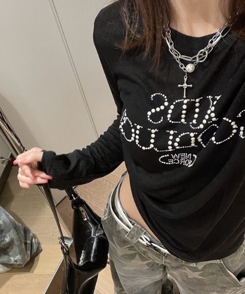 SHEPP(シープ)の「【26年春新作】ビーズロゴルーズシアーロンT / ラインストーン ビジュー Tシャツ(Tシャツ/カットソー・レディース・グレー/ブラック・L/M)」の1枚目の写真