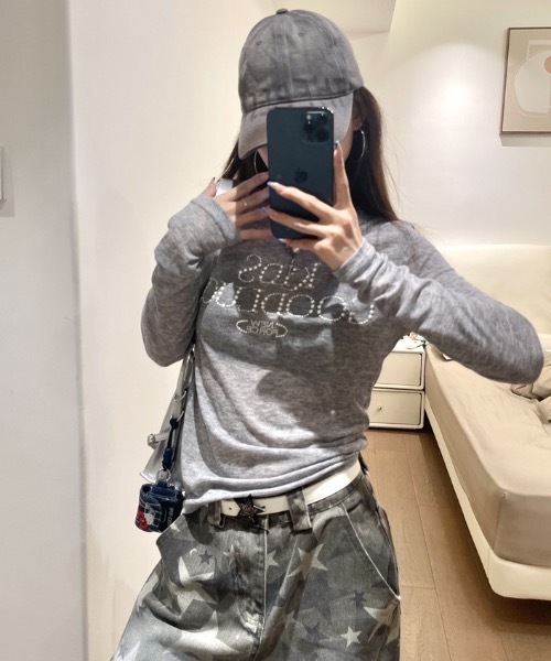 SHEPP(シープ)の「【26年春新作】ビーズロゴルーズシアーロンT / ラインストーン ビジュー Tシャツ(Tシャツ/カットソー・レディース・グレー/ブラック・L/M)」の16枚目の写真