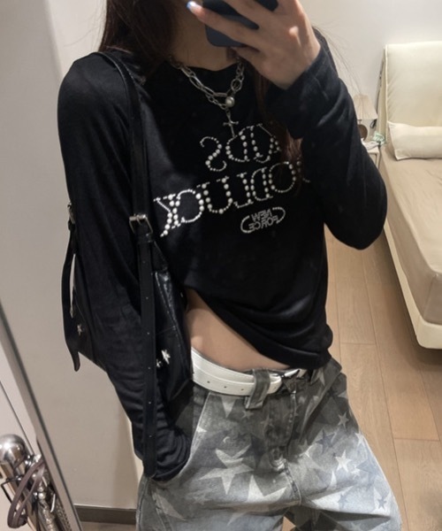 SHEPP(シープ)の「【26年春新作】ビーズロゴルーズシアーロンT / ラインストーン ビジュー Tシャツ(Tシャツ/カットソー・レディース・グレー/ブラック・L/M)」の13枚目の写真