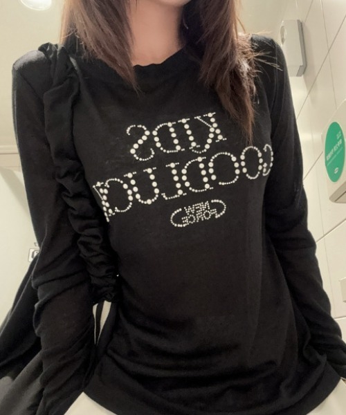 SHEPP(シープ)の「【26年春新作】ビーズロゴルーズシアーロンT / ラインストーン ビジュー Tシャツ(Tシャツ/カットソー・レディース・グレー/ブラック・L/M)」の11枚目の写真