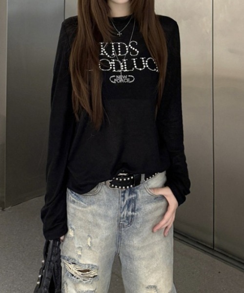 SHEPP(シープ)の「【26年春新作】ビーズロゴルーズシアーロンT / ラインストーン ビジュー Tシャツ(Tシャツ/カットソー・レディース・グレー/ブラック・L/M)」の5枚目の写真