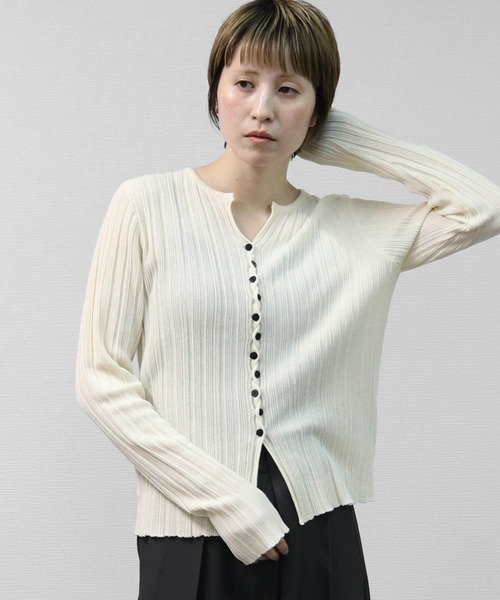 アシンメトリーボタンキーネックリブカーディガン ASYMMETRIC BUTTON
