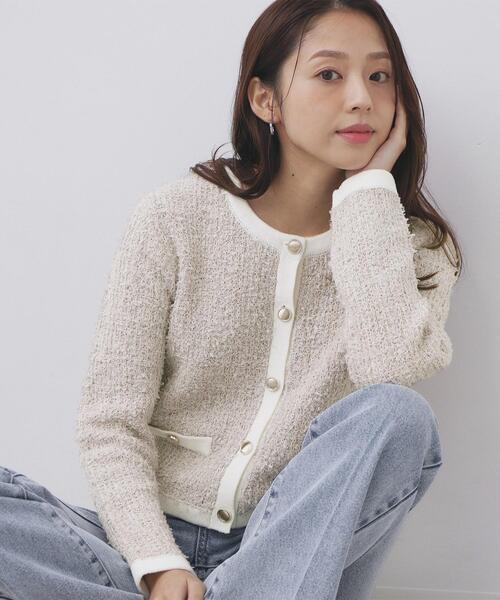 index（インデックス）の「ファンシーヤーントリミングカーディガン【洗濯機OK】（カーディガン/ボレロ・レディース・ブラック系3/ホワイト系6/ベージュ系その他7・42/40/38/36）」の2枚目の写真