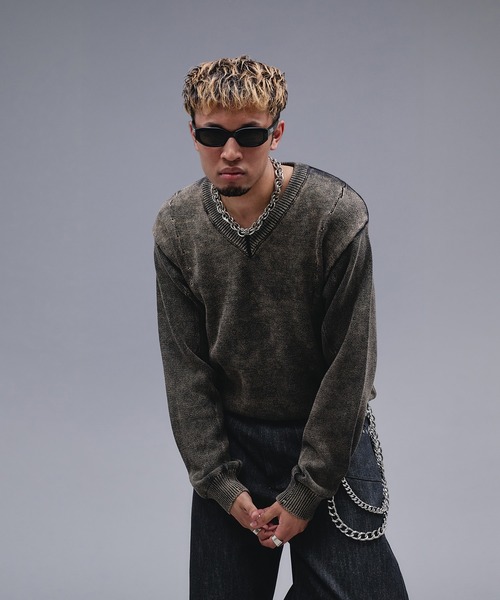 ANDER HUNK（アンダーハンク）の「Faded Cotton V-neck Knit / フェードコットンVネックニット（ニット/セーター・メンズ・ブラック・MEDIUM/SMALL/LARGE）」の4枚目の写真