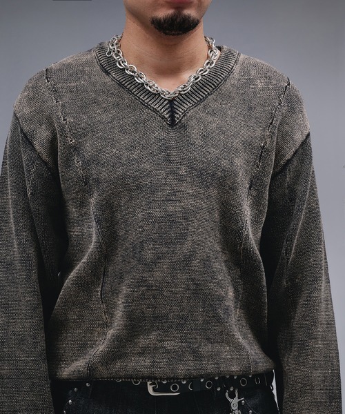 ANDER HUNK（アンダーハンク）の「Faded Cotton V-neck Knit / フェードコットンVネックニット（ニット/セーター・メンズ・ブラック・MEDIUM/SMALL/LARGE）」の10枚目の写真