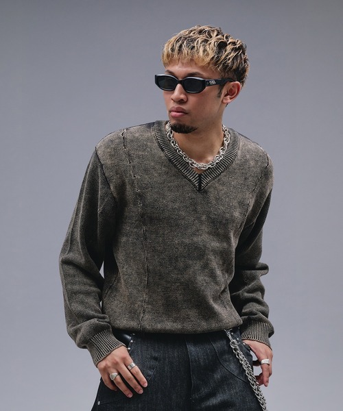 ANDER HUNK（アンダーハンク）の「Faded Cotton V-neck Knit / フェードコットンVネックニット（ニット/セーター・メンズ・ブラック・MEDIUM/SMALL/LARGE）」の5枚目の写真
