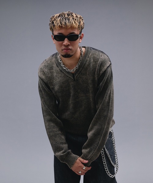ANDER HUNK（アンダーハンク）の「Faded Cotton V-neck Knit / フェードコットンVネックニット（ニット/セーター・メンズ・ブラック・MEDIUM/SMALL/LARGE）」の6枚目の写真