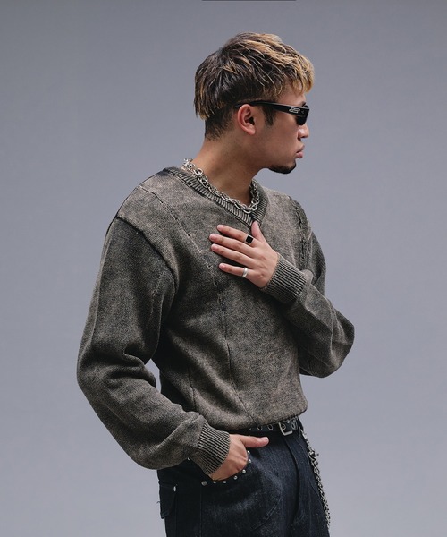ANDER HUNK（アンダーハンク）の「Faded Cotton V-neck Knit / フェードコットンVネックニット（ニット/セーター・メンズ・ブラック・MEDIUM/SMALL/LARGE）」の7枚目の写真