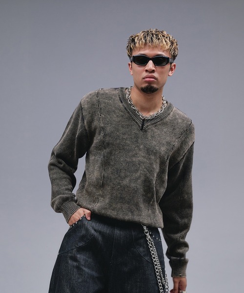 ANDER HUNK（アンダーハンク）の「Faded Cotton V-neck Knit / フェードコットンVネックニット（ニット/セーター・メンズ・ブラック・MEDIUM/SMALL/LARGE）」の8枚目の写真