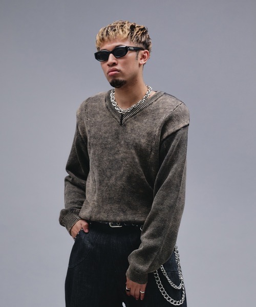 ANDER HUNK（アンダーハンク）の「Faded Cotton V-neck Knit / フェードコットンVネックニット（ニット/セーター・メンズ・ブラック・MEDIUM/SMALL/LARGE）」の9枚目の写真
