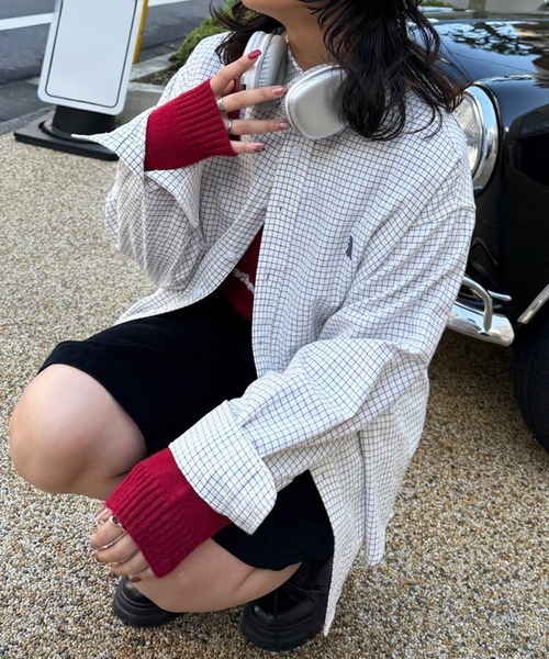 DOUBLE NAME(ダブルネーム)の「【m:rex】ミニ恐竜ワッペンウィンドウペンチェックシャツ(シャツ/ブラウス・レディース・ピンク/ホワイト/ブルー・FREE)」の10枚目の写真