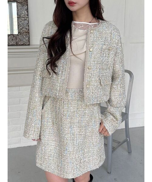 MERCURYDUO(マーキュリーデュオ)の「ツイードノーカラージャケット(テーラードジャケット・レディース・ミント/オフホワイト・MEDIUM/SMALL)」の1枚目の写真