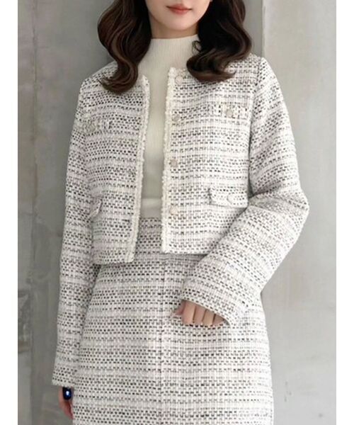 MERCURYDUO(マーキュリーデュオ)の「ツイードノーカラージャケット(テーラードジャケット・レディース・ミント/オフホワイト・MEDIUM/SMALL)」の3枚目の写真