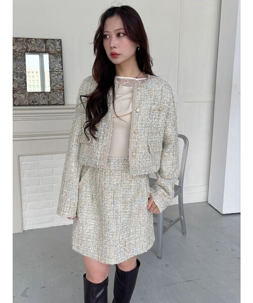 MERCURYDUO(マーキュリーデュオ)の「ツイードノーカラージャケット(テーラードジャケット・レディース・ミント/オフホワイト・MEDIUM/SMALL)」の11枚目の写真