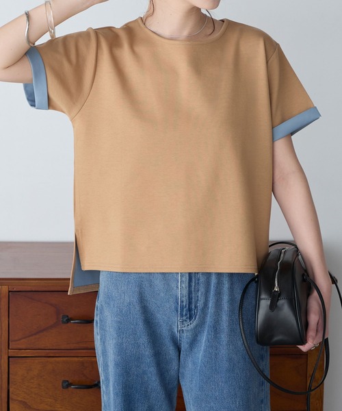 BONLECILL(ボンルシール)の「【速乾/マシンウォッシャブル】Wフェイス配色ターンバックT(Tシャツ/カットソー・レディース・ベージュ/ダークグレー/キャメル/ピンク/杢グレー/グレー/ブルー・FREE)」の6枚目の写真
