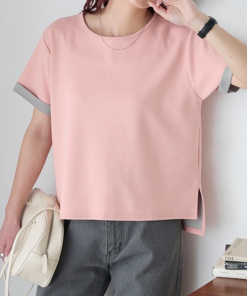 BONLECILL(ボンルシール)の「【速乾/マシンウォッシャブル】Wフェイス配色ターンバックT(Tシャツ/カットソー・レディース・ベージュ/ダークグレー/キャメル/ピンク/杢グレー/グレー/ブルー・FREE)」の7枚目の写真