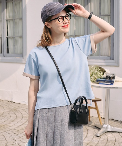 BONLECILL(ボンルシール)の「【速乾/マシンウォッシャブル】Wフェイス配色ターンバックT(Tシャツ/カットソー・レディース・ベージュ/ダークグレー/キャメル/ピンク/杢グレー/グレー/ブルー・FREE)」の11枚目の写真