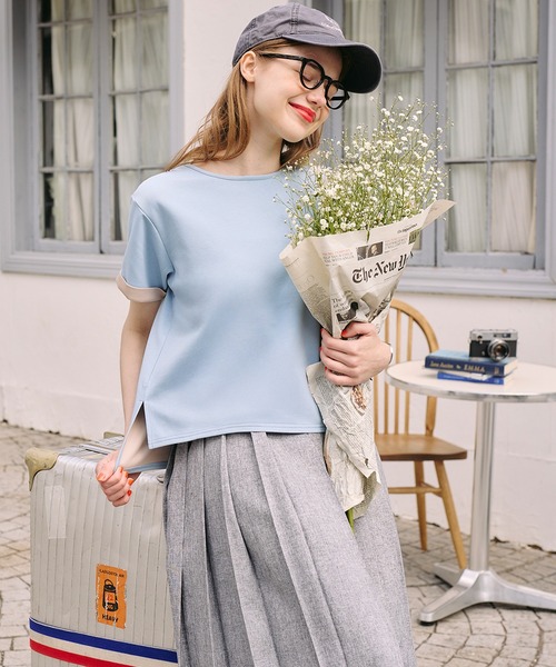 BONLECILL(ボンルシール)の「【速乾/マシンウォッシャブル】Wフェイス配色ターンバックT(Tシャツ/カットソー・レディース・ベージュ/ダークグレー/キャメル/ピンク/杢グレー/グレー/ブルー・FREE)」の9枚目の写真