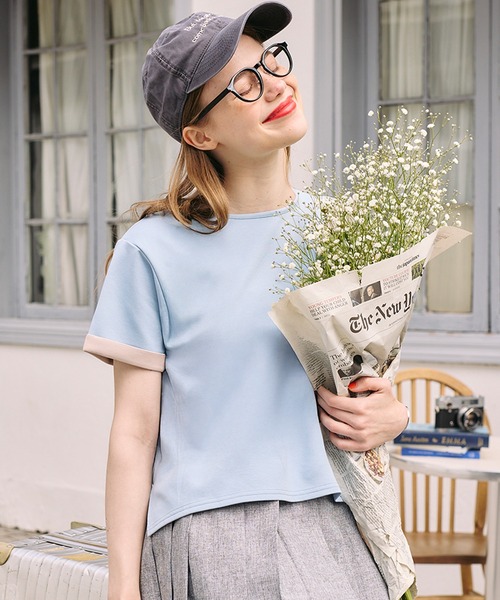 BONLECILL(ボンルシール)の「【速乾/マシンウォッシャブル】Wフェイス配色ターンバックT(Tシャツ/カットソー・レディース・ベージュ/ダークグレー/キャメル/ピンク/杢グレー/グレー/ブルー・FREE)」の8枚目の写真