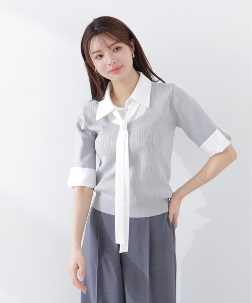 PROPORTION BODY DRESSING(プロポーションボディドレッシング)の「<E>リボンシャツドッキングニット / 1216175301(ニット/セーター・レディース・ネイビー/グレー・FREE)」の1枚目の写真