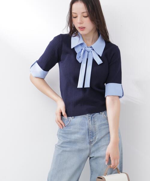PROPORTION BODY DRESSING(プロポーションボディドレッシング)の「<E>リボンシャツドッキングニット / 1216175301(ニット/セーター・レディース・ネイビー/グレー・FREE)」の4枚目の写真