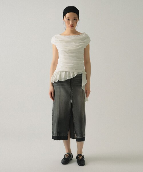 Ray BEAMS（レイビームス）の「ギャザー ドレープ Tシャツ（Tシャツ/カットソー・レディース・ブラック/ホワイト・ONE SIZE）」の7枚目の写真