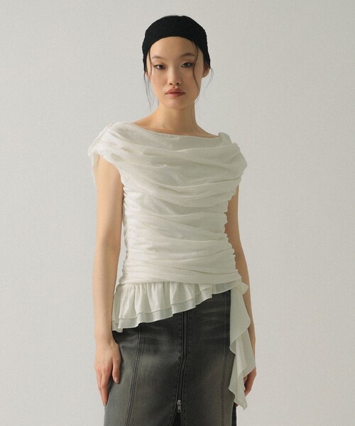 Ray BEAMS（レイビームス）の「ギャザー ドレープ Tシャツ（Tシャツ/カットソー・レディース・ブラック/ホワイト・ONE SIZE）」の10枚目の写真