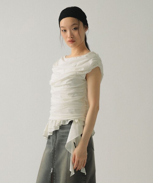 Ray BEAMS（レイビームス）の「ギャザー ドレープ Tシャツ（Tシャツ/カットソー・レディース・ブラック/ホワイト・ONE SIZE）」の11枚目の写真