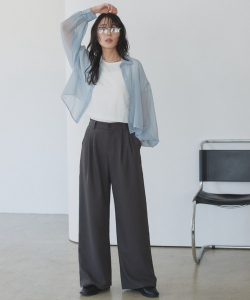 TREOVER(トレオーバー)の「トレンド感あるシアーシャツとシンプルなリブTシャツの2点セット(シャツ/ブラウス・レディース・ライトグレー/ピンク/オフホワイト/ブラック/ライトブルー・FREE)」の18枚目の写真