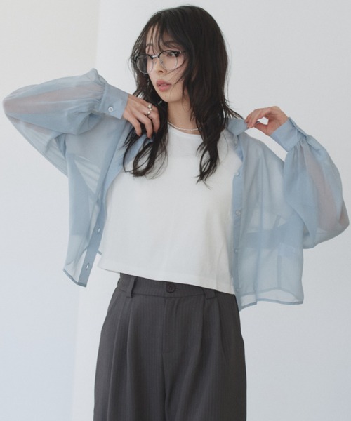 TREOVER(トレオーバー)の「トレンド感あるシアーシャツとシンプルなリブTシャツの2点セット(シャツ/ブラウス・レディース・ライトグレー/ピンク/オフホワイト/ブラック/ライトブルー・FREE)」の12枚目の写真