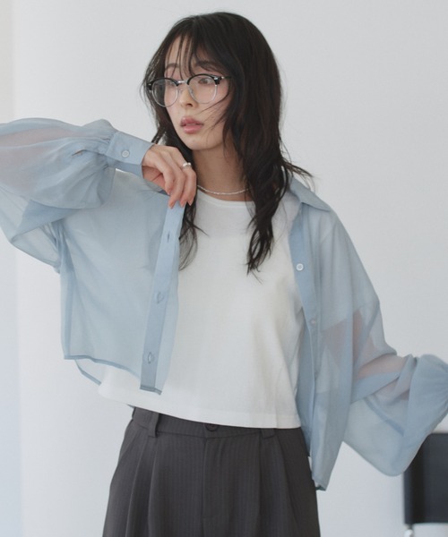 TREOVER(トレオーバー)の「トレンド感あるシアーシャツとシンプルなリブTシャツの2点セット(シャツ/ブラウス・レディース・ライトグレー/ピンク/オフホワイト/ブラック/ライトブルー・FREE)」の13枚目の写真
