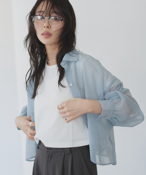 TREOVER(トレオーバー)の「トレンド感あるシアーシャツとシンプルなリブTシャツの2点セット(シャツ/ブラウス・レディース・ライトグレー/ピンク/オフホワイト/ブラック/ライトブルー・FREE)」の14枚目の写真