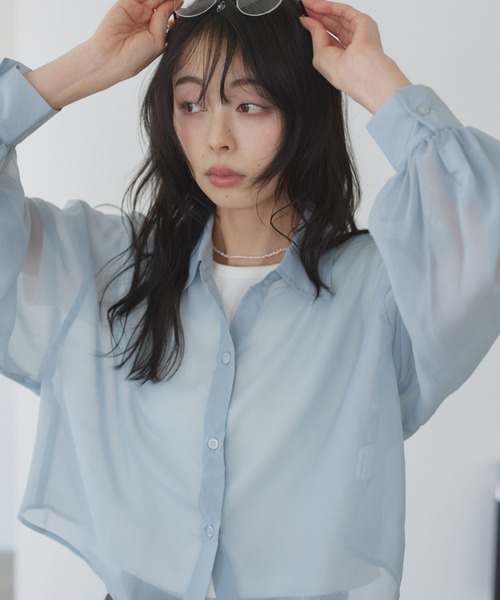 TREOVER(トレオーバー)の「トレンド感あるシアーシャツとシンプルなリブTシャツの2点セット(シャツ/ブラウス・レディース・ライトグレー/ピンク/オフホワイト/ブラック/ライトブルー・FREE)」の16枚目の写真