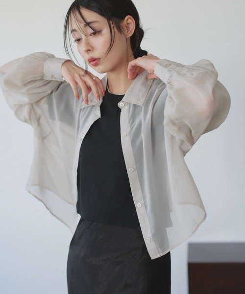 TREOVER(トレオーバー)の「トレンド感あるシアーシャツとシンプルなリブTシャツの2点セット(シャツ/ブラウス・レディース・ライトグレー/ピンク/オフホワイト/ブラック/ライトブルー・FREE)」の6枚目の写真