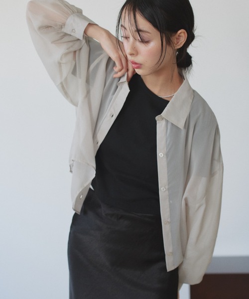 TREOVER(トレオーバー)の「トレンド感あるシアーシャツとシンプルなリブTシャツの2点セット(シャツ/ブラウス・レディース・ライトグレー/ピンク/オフホワイト/ブラック/ライトブルー・FREE)」の7枚目の写真