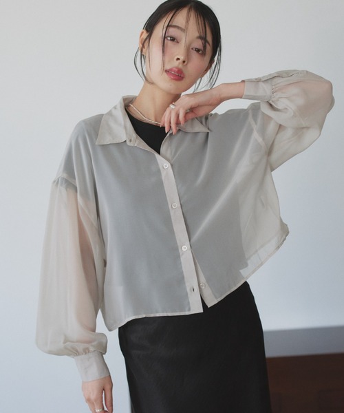 TREOVER(トレオーバー)の「トレンド感あるシアーシャツとシンプルなリブTシャツの2点セット(シャツ/ブラウス・レディース・ライトグレー/ピンク/オフホワイト/ブラック/ライトブルー・FREE)」の9枚目の写真
