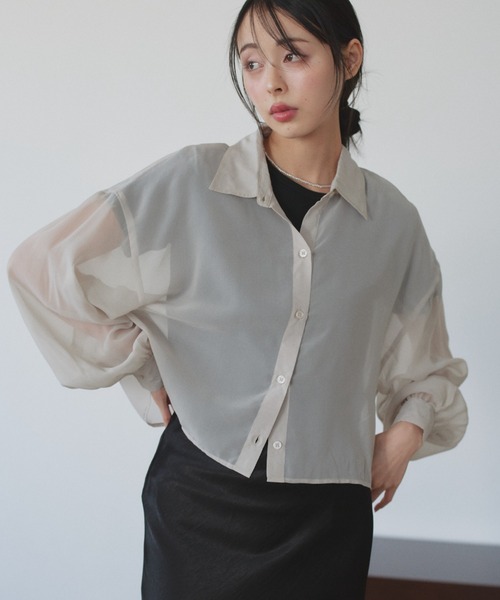 TREOVER(トレオーバー)の「トレンド感あるシアーシャツとシンプルなリブTシャツの2点セット(シャツ/ブラウス・レディース・ライトグレー/ピンク/オフホワイト/ブラック/ライトブルー・FREE)」の10枚目の写真