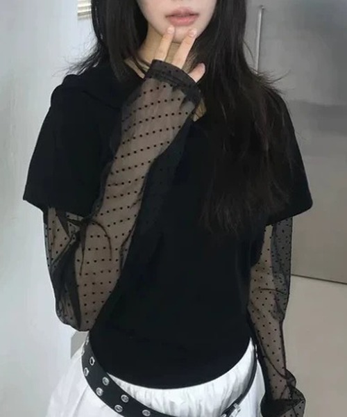 HALEY PESCA(ヘーリーペスカ)の「HALEY PESCA/フェイクレイヤードシアーTシャツ(Tシャツ/カットソー・レディース・ホワイト/ブラック/グレー・FREE)」の3枚目の写真