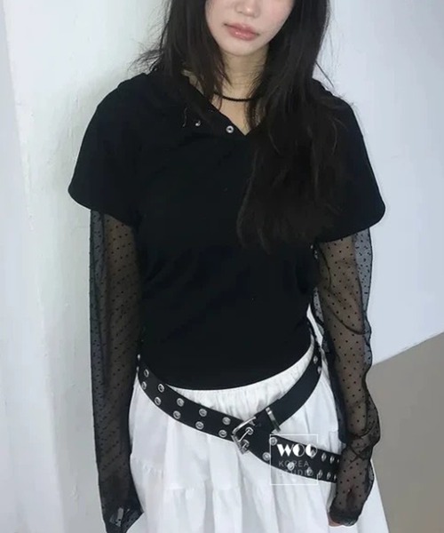 HALEY PESCA(ヘーリーペスカ)の「HALEY PESCA/フェイクレイヤードシアーTシャツ(Tシャツ/カットソー・レディース・ホワイト/ブラック/グレー・FREE)」の4枚目の写真